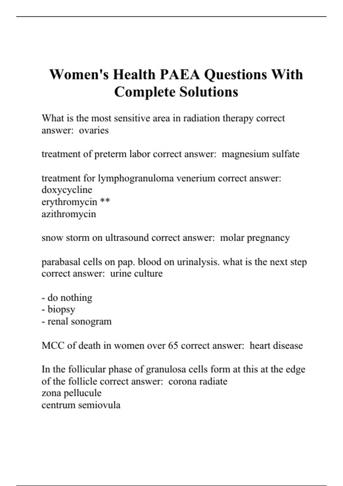 Women's Health PAEA Questions With Complete Solutions Women\'s Health