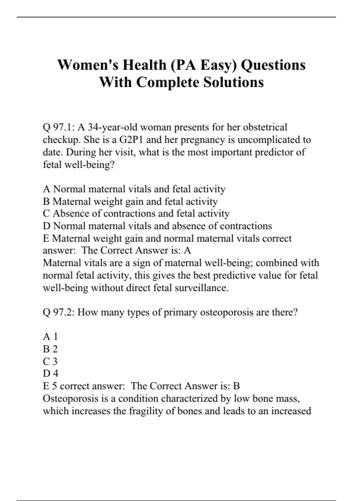 Women's Health (PA Easy) Questions With Complete Solutions Women\'s
