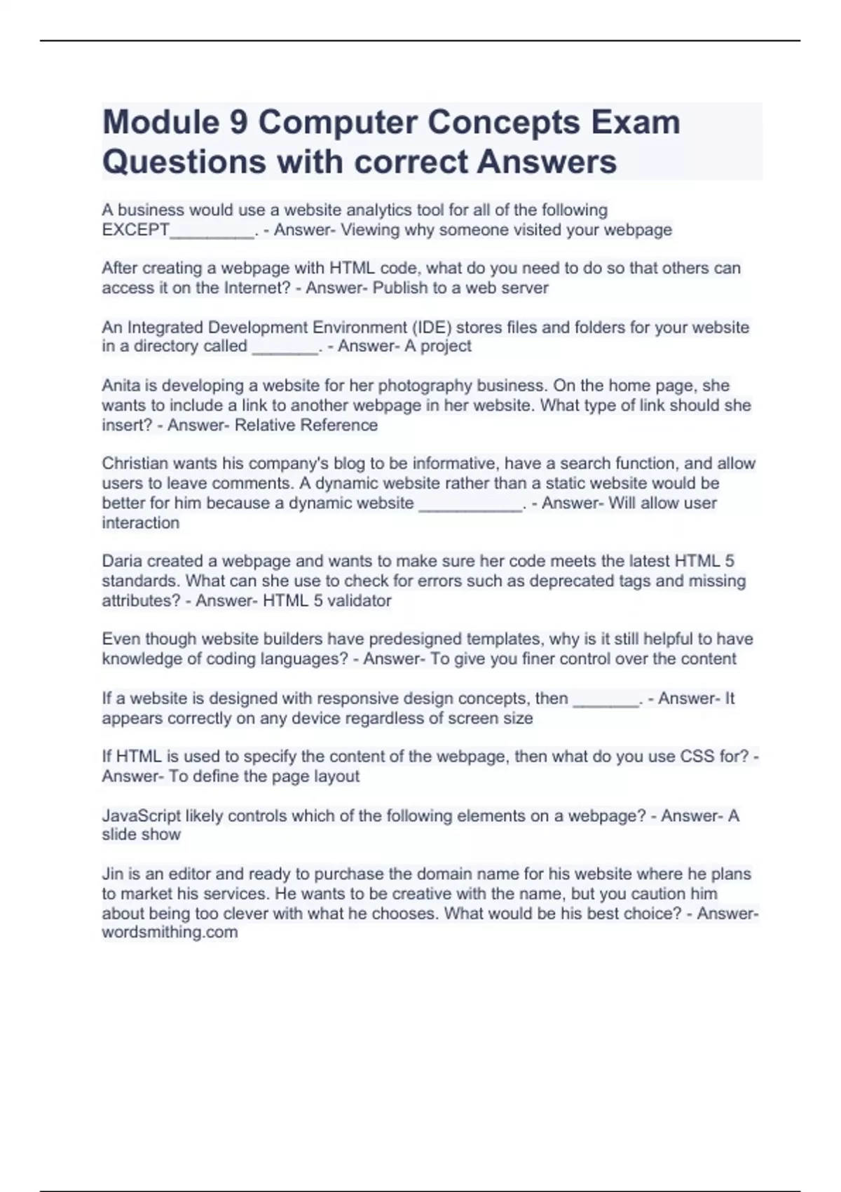 Module 9 Computer Concepts Exam Questions with correct Answers Computer Concepts Stuvia US