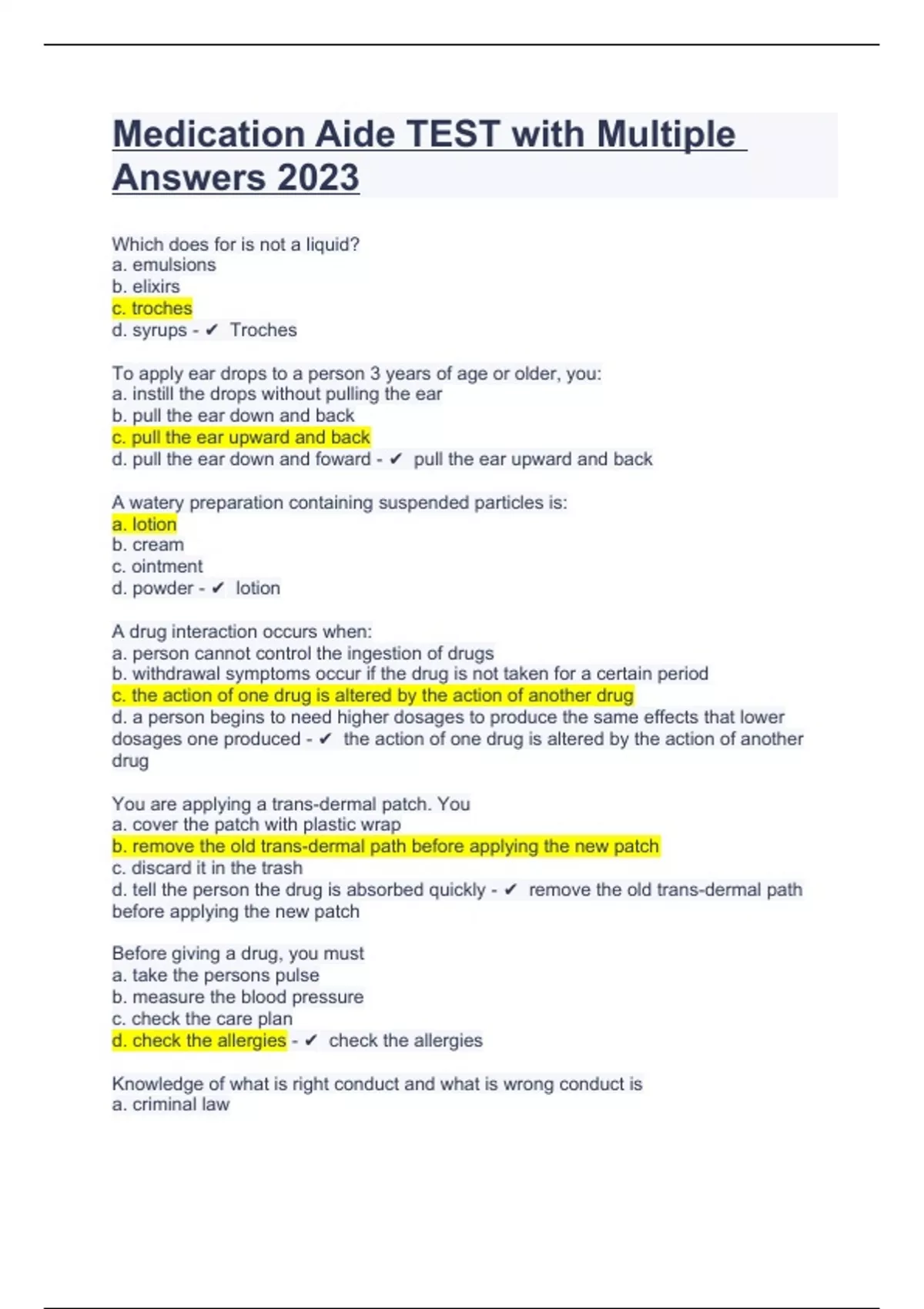 Medication Aide TEST with Multiple Answers 2023. Medication Aide