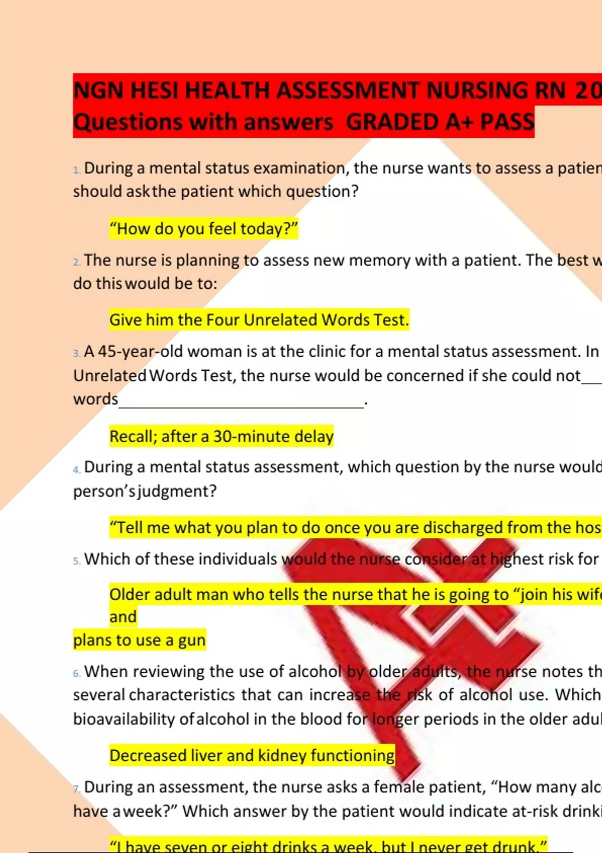 NGN HESI HEALTH ASSESSMENT NURSING RN 2023/2024 100 Questions with ...