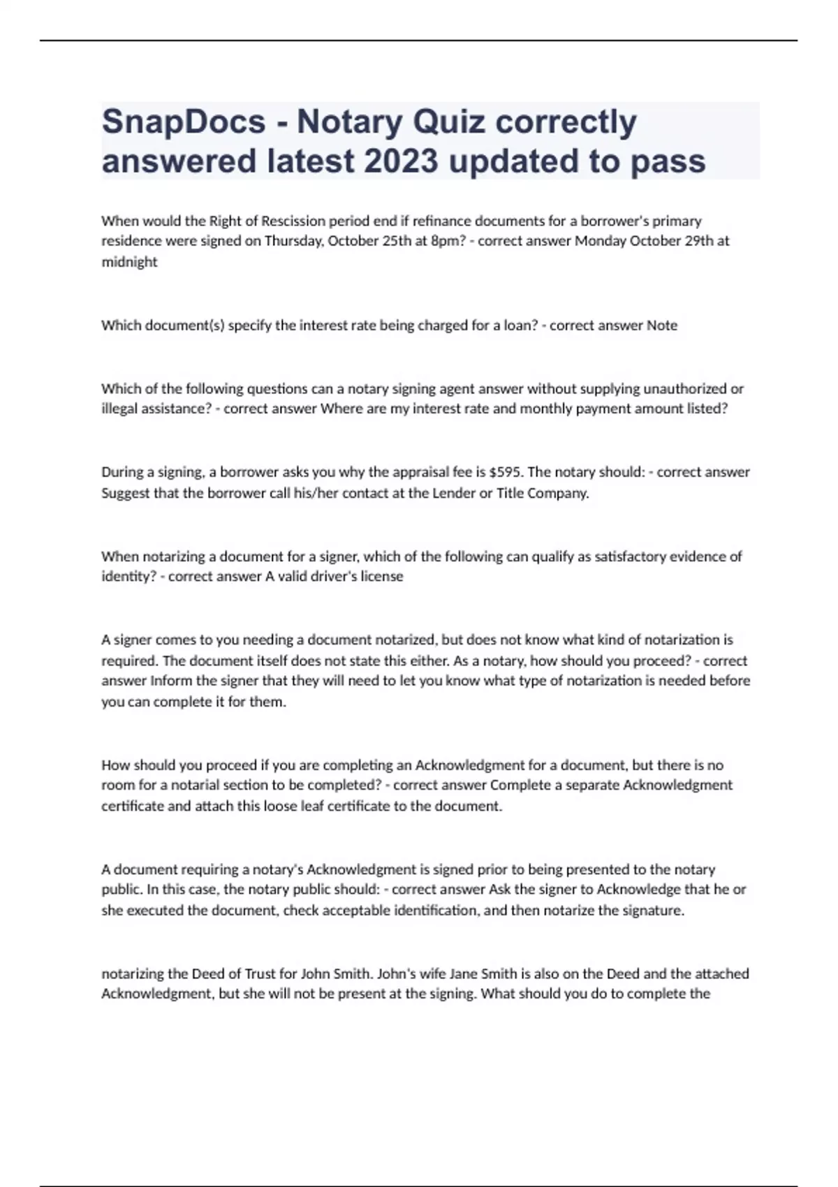 SnapDocs Notary Quiz correctly answered latest 2023 updated to pass