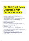 Bio 151 Final Exam Questions with Correct Answers