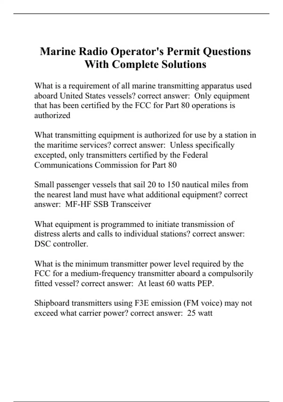 Marine Radio Operator's Permit Questions With Complete Solutions