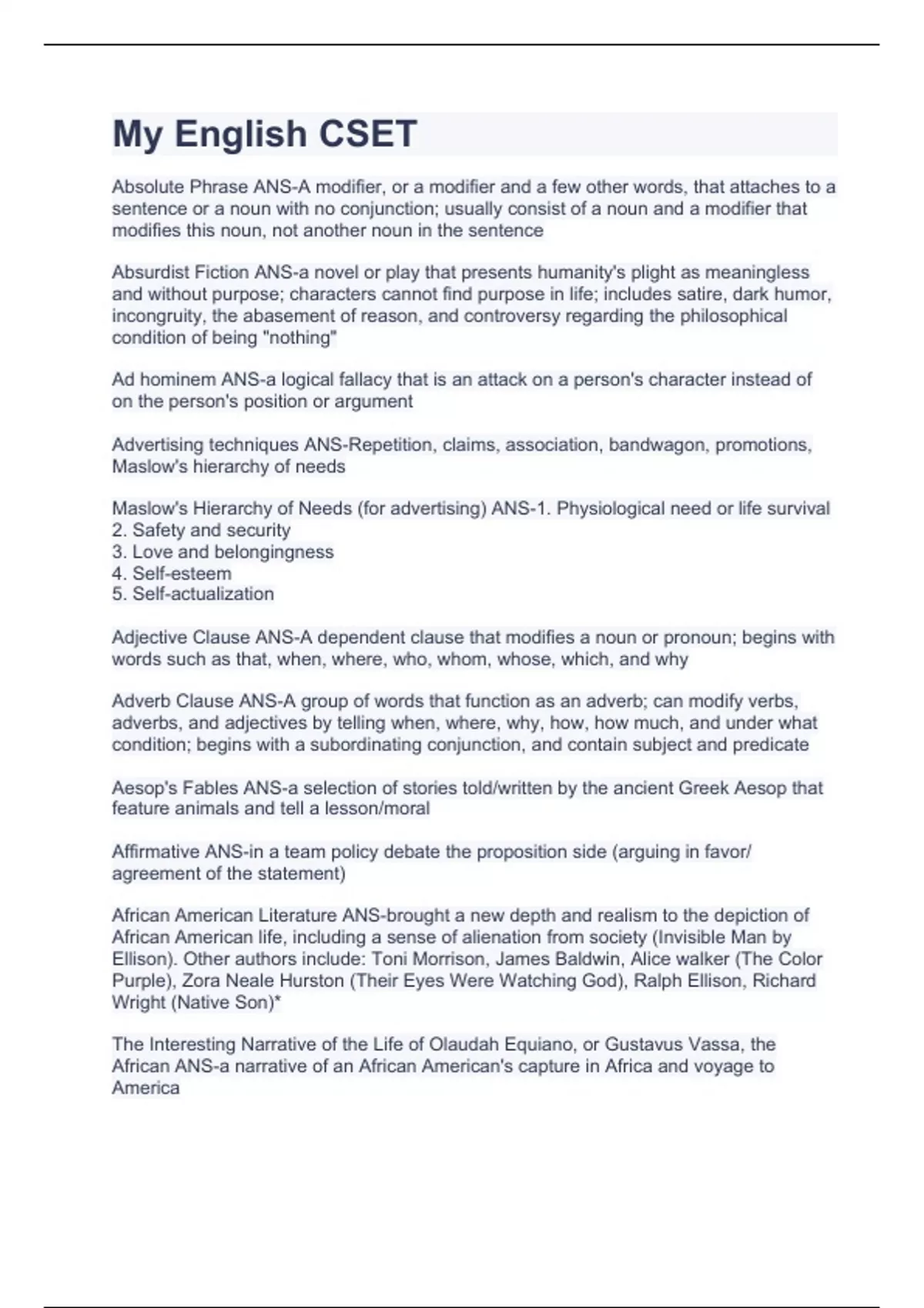 CSET English Subtest 1QUESTIONS WITH 100 CORRECT ANSWERS CSET