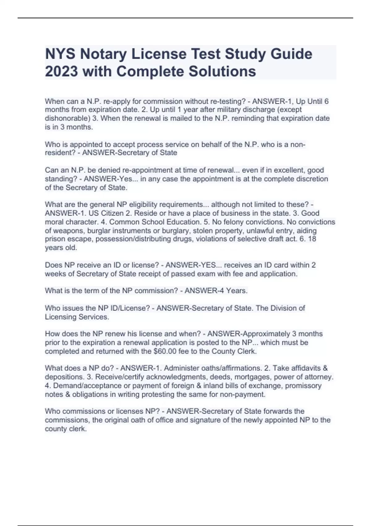 New York State Notary Public License Exam Bundle Questions and Answers