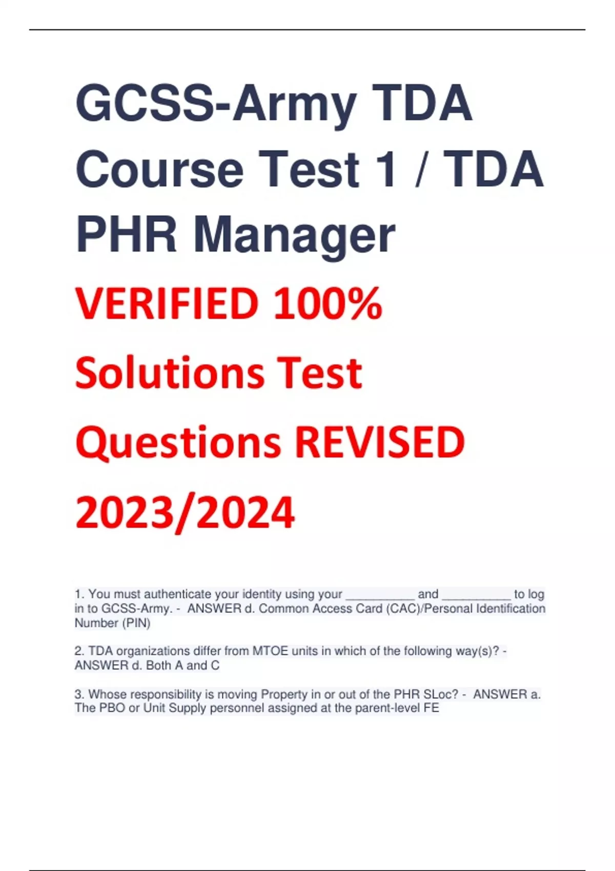 GCSS-Army TDA Course Test 1 / TDA PHR Manager VERIFIED 100% Solutions