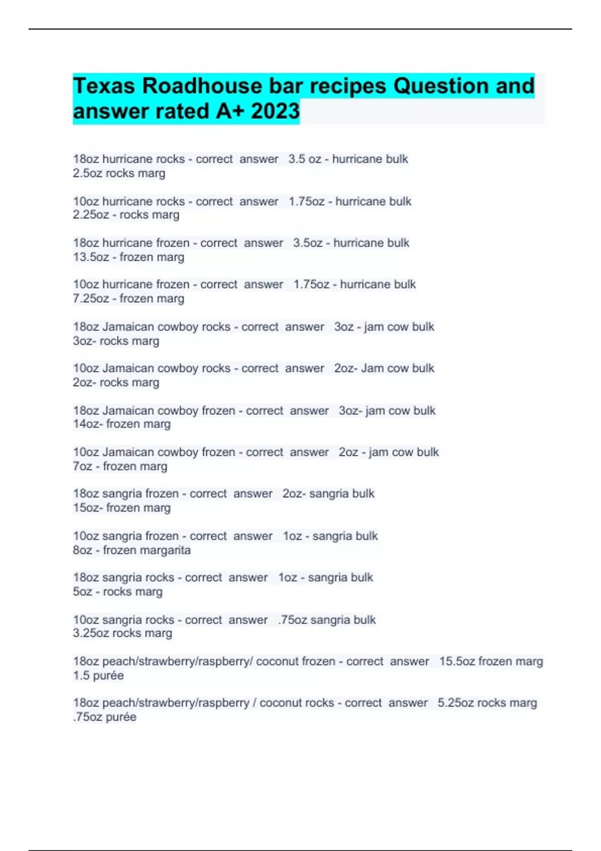 Texas Roadhouse Bar Recipe Test Server Questions with complete