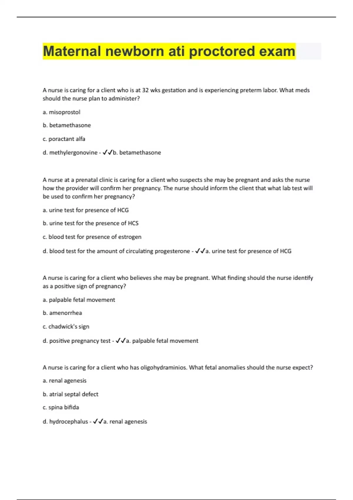 Maternal newborn ati proctored exam 304 Questions With 100 Correct