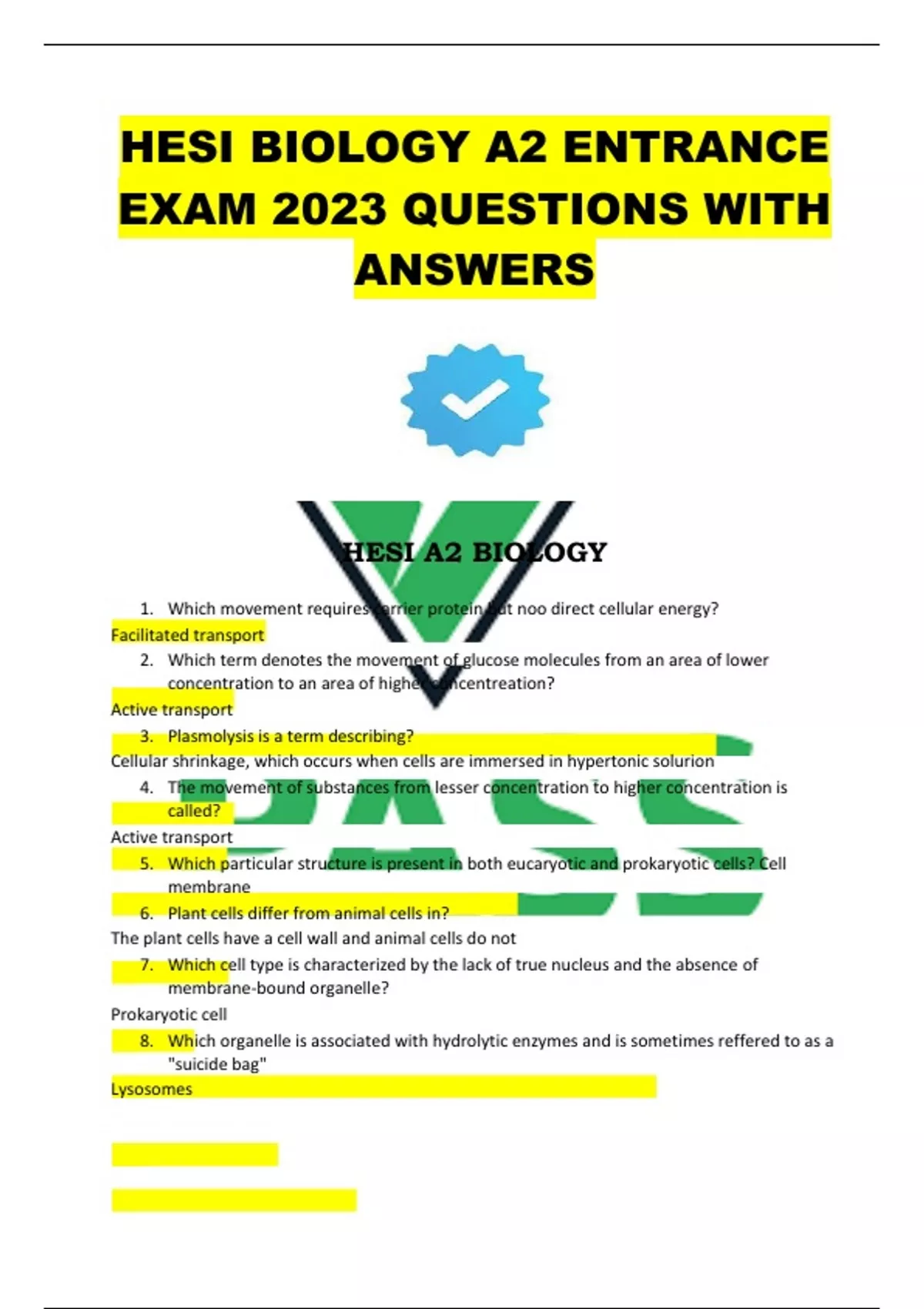 HESI BIOLOGY A2 ENTRANCE EXAM 2023 VERIFIED QUESTIONS WITH ANSWERS HESI ...