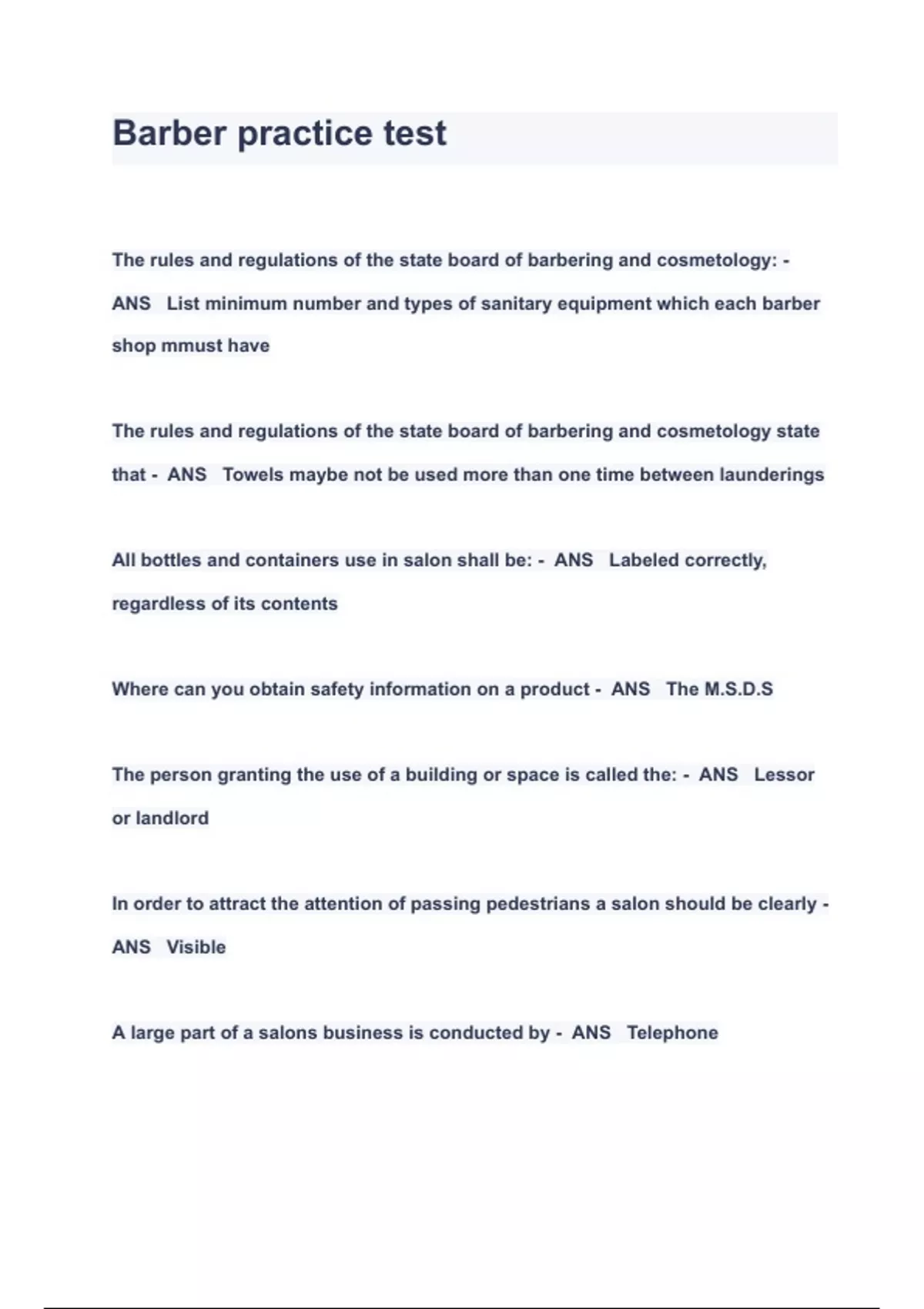Barber practice test QUESTIONS & ANSWERS 2023 ( A+ GRADED 100 VERIFIED