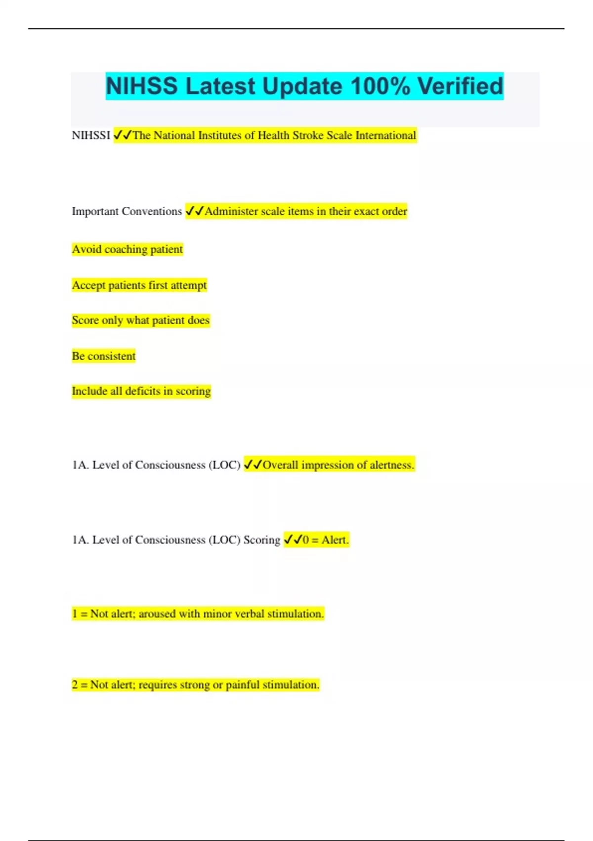NIHSS Latest Update 100 Verified NIHSS Stuvia US