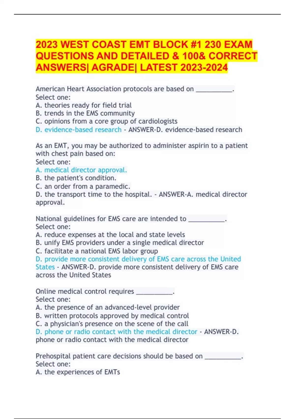 2023 WEST COAST EMT BLOCK 1 230 EXAM QUESTIONS AND DETAILED & 100& CORRECT ANSWERS AGRADE