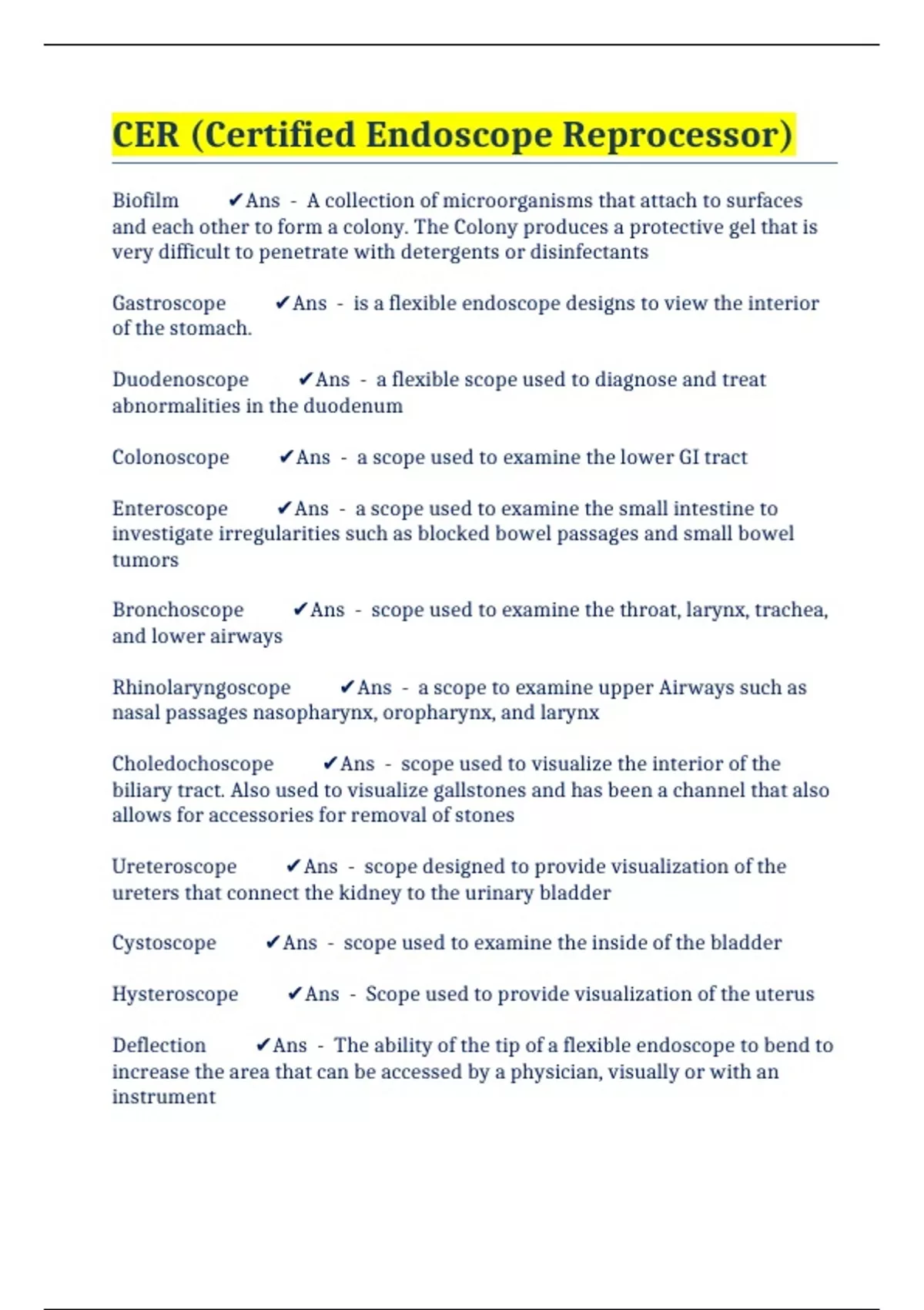 CER (Certified Endoscope Reprocessor) Q/A CER Q/A Stuvia US
