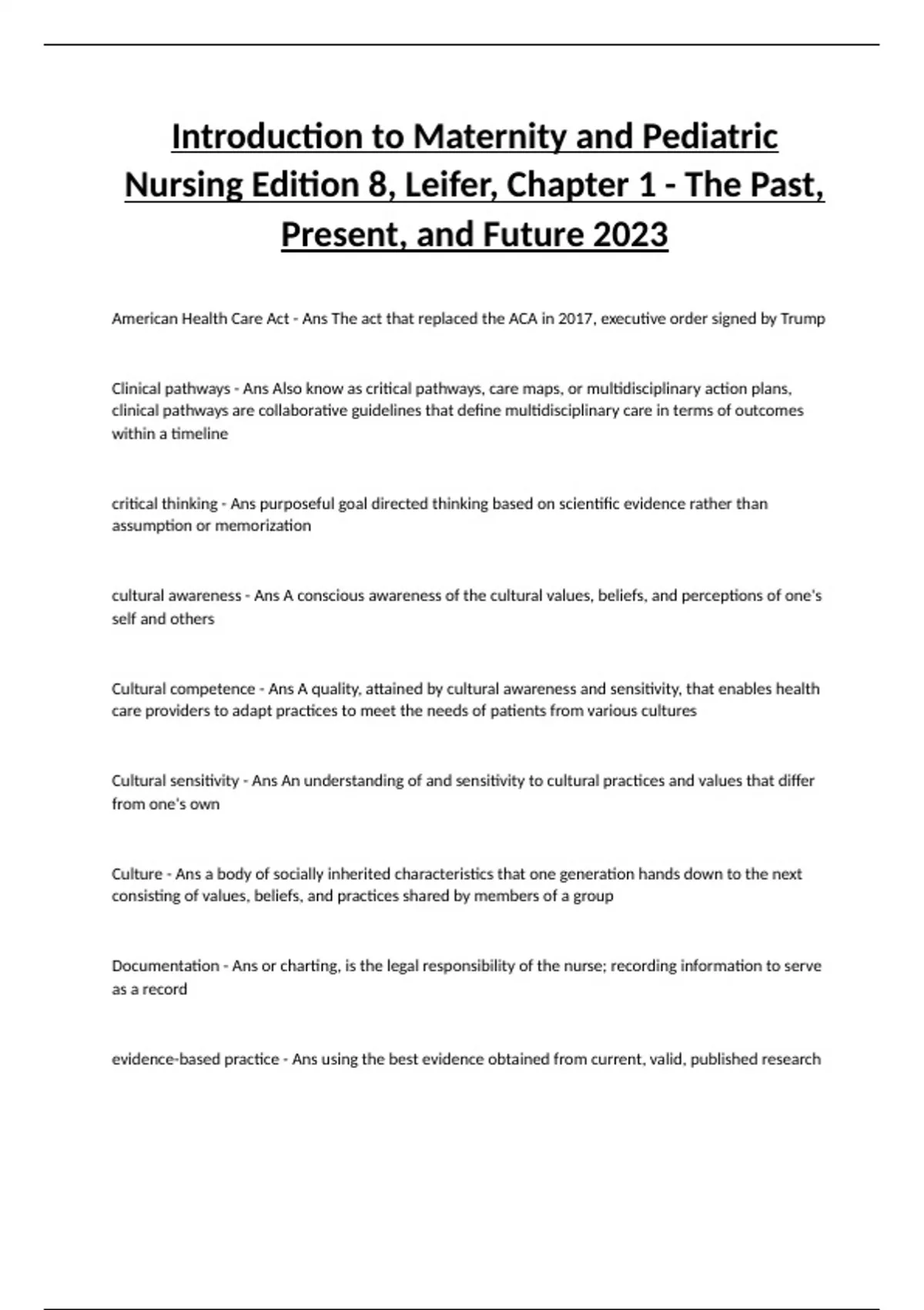 Summary Introduction to Maternity and Pediatric Nursing Edition 8