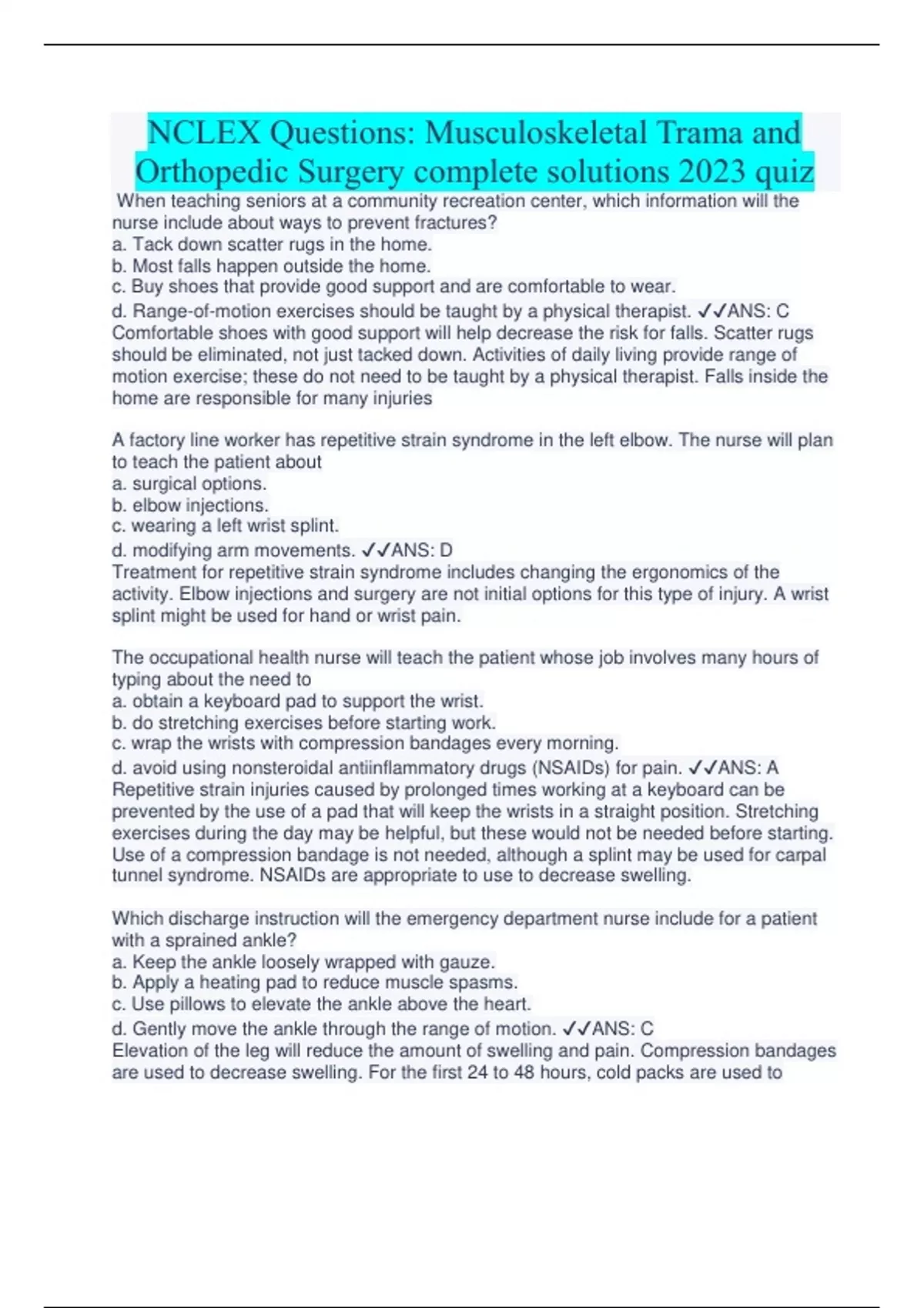 NCLEX Questions Musculoskeletal Trama and Orthopedic Surgery complete