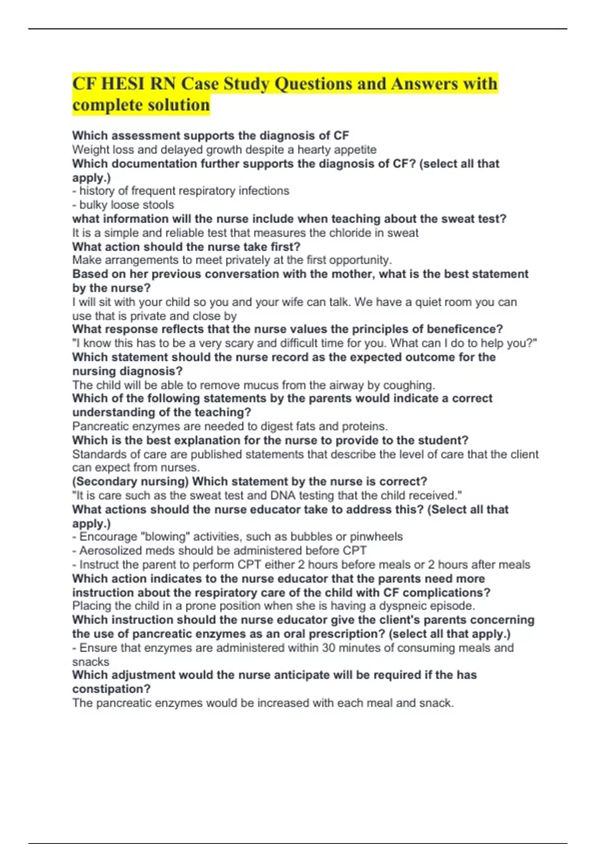 CF HESI RN Case Study Questions and Answers with complete solution CF