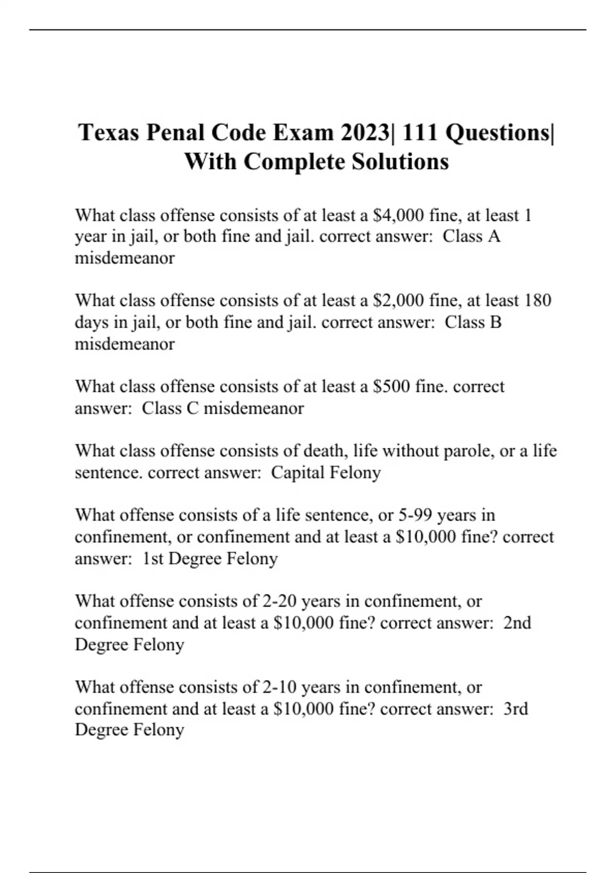 Texas Penal Code Exam 2023 111 Questions With Complete Solutions TX