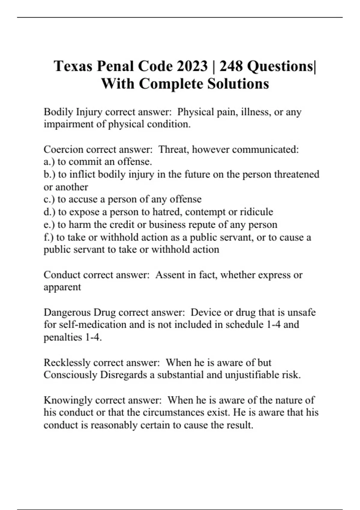 Texas Penal Code 2023 248 Questions With Complete Solutions TX