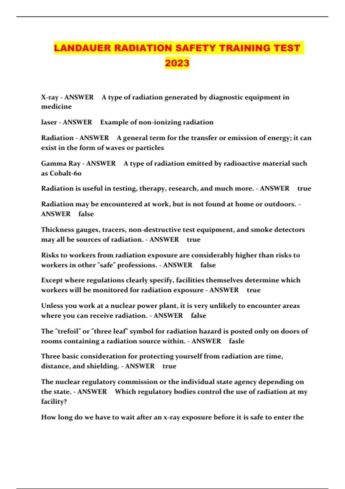 LANDAUER RADIATION SAFETY TRAINING TEST 2023 LANDAUER RADIATION