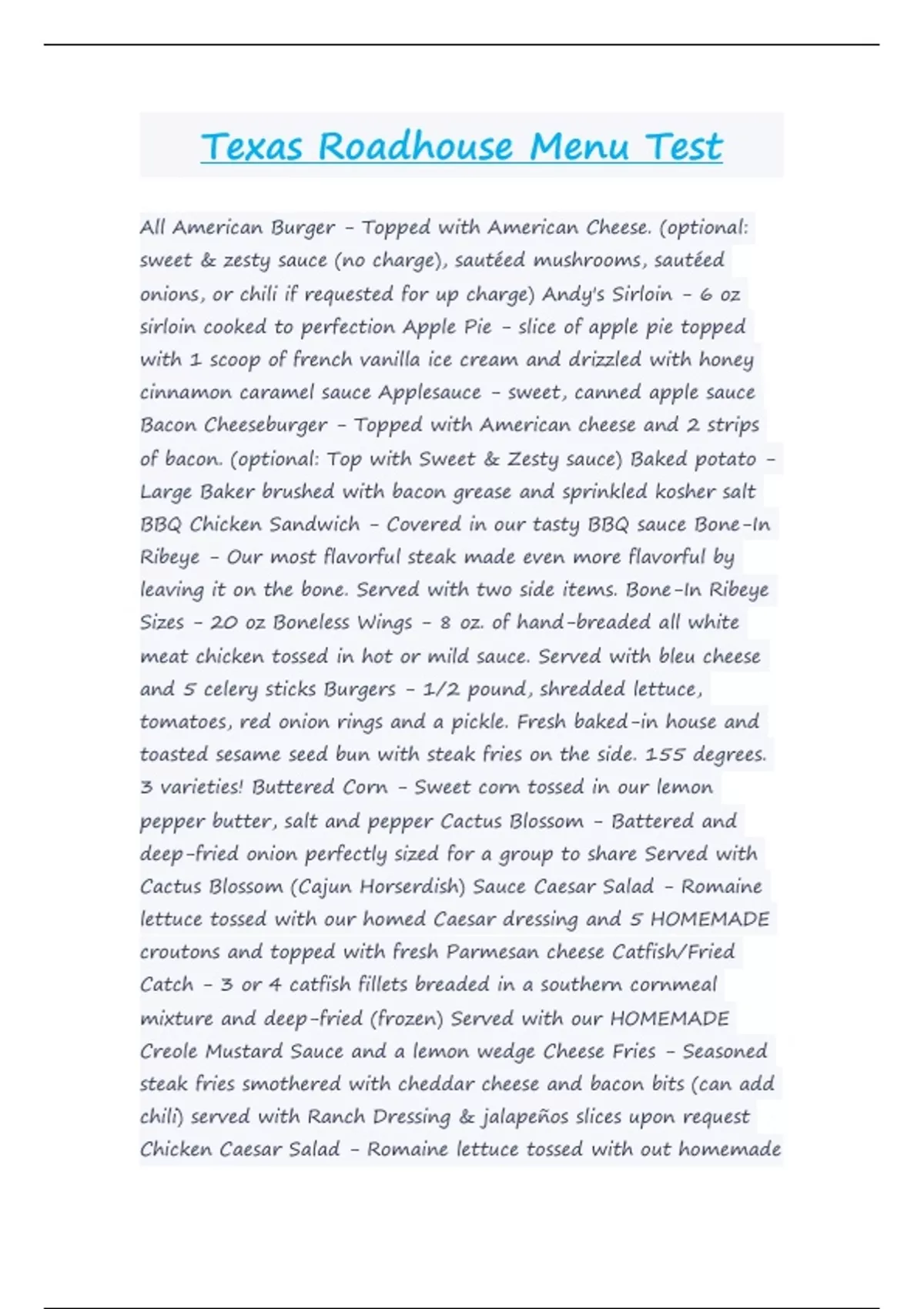 Texas Roadhouse Menu Test Nursing Stuvia US