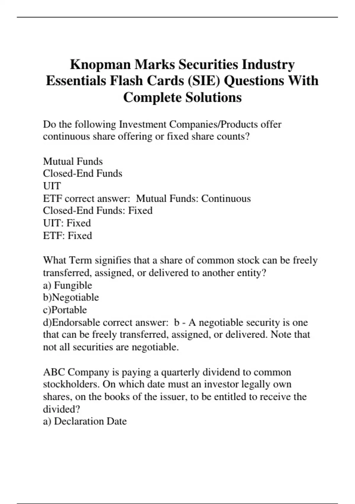 Knopman Marks Securities Industry Essentials Flash Cards (SIE) Questions With Complete Solutions