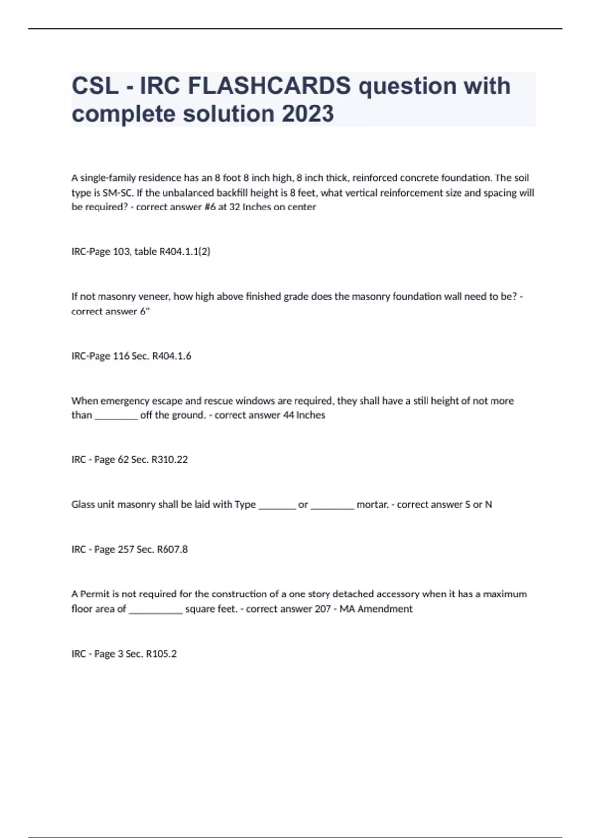 CSL IRC FLASHCARDS question with complete solution 2023 IRC Stuvia US