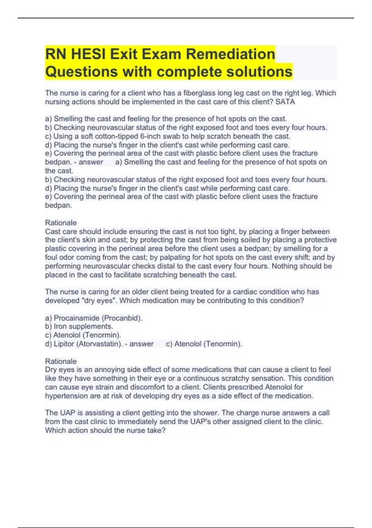 RN HESI Exit Exam Remediation Questions with complete solutions - HESI ...