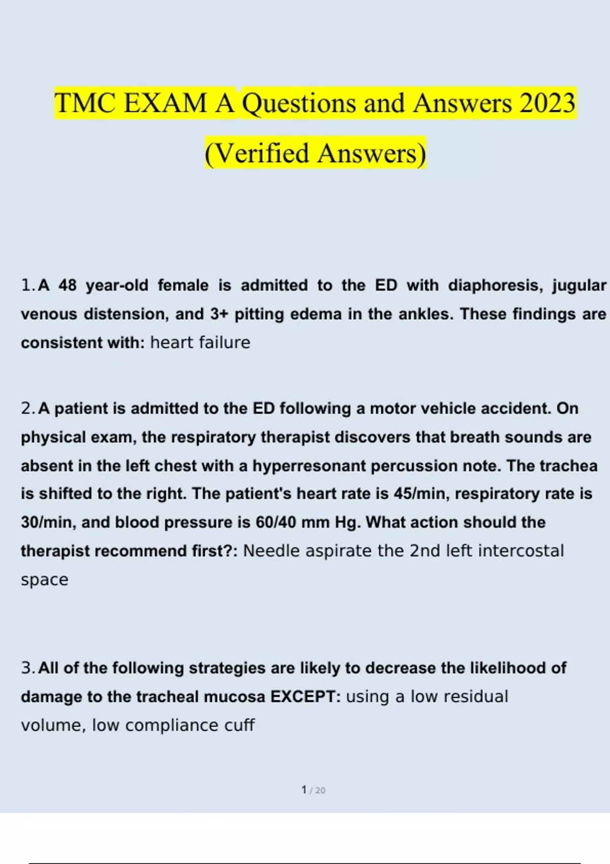 TMC EXAM A, B, C Questions and Answers 2023 (Verified 160 Questions ...