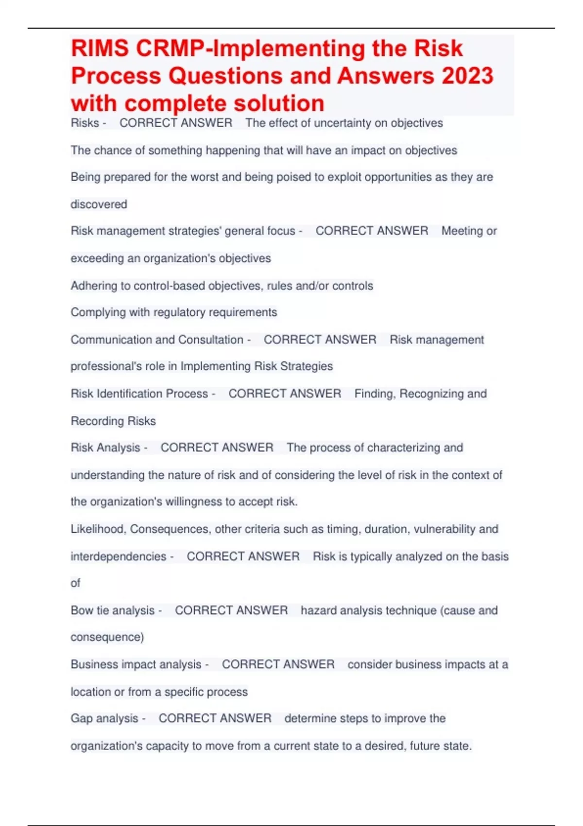 RIMS CRMPImplementing the Risk Process Questions and Answers 2023 with