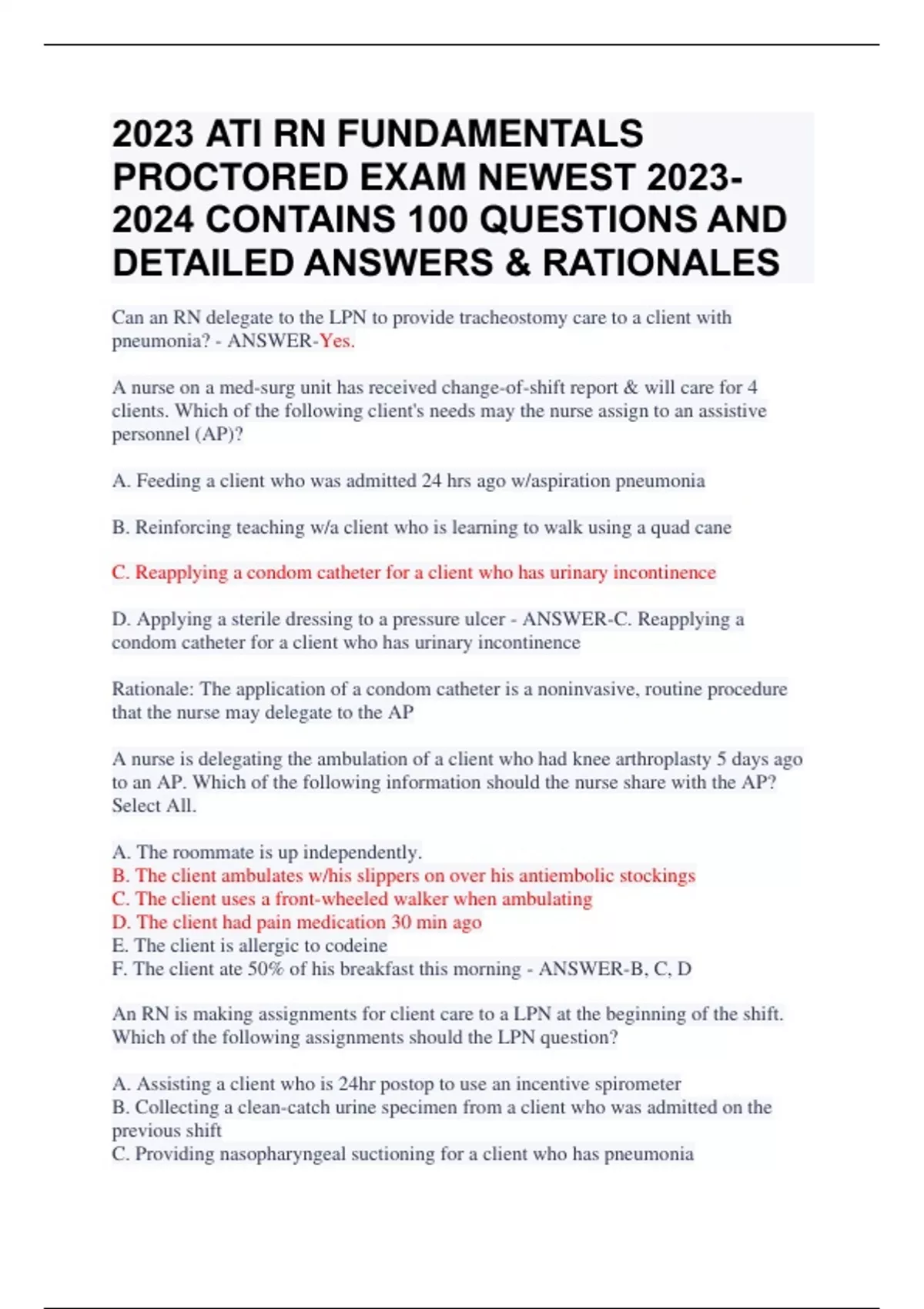 2023 ATI RN FUNDAMENTALS PROCTORED EXAM NEWEST CONTAINS 100 QUESTIONS ...
