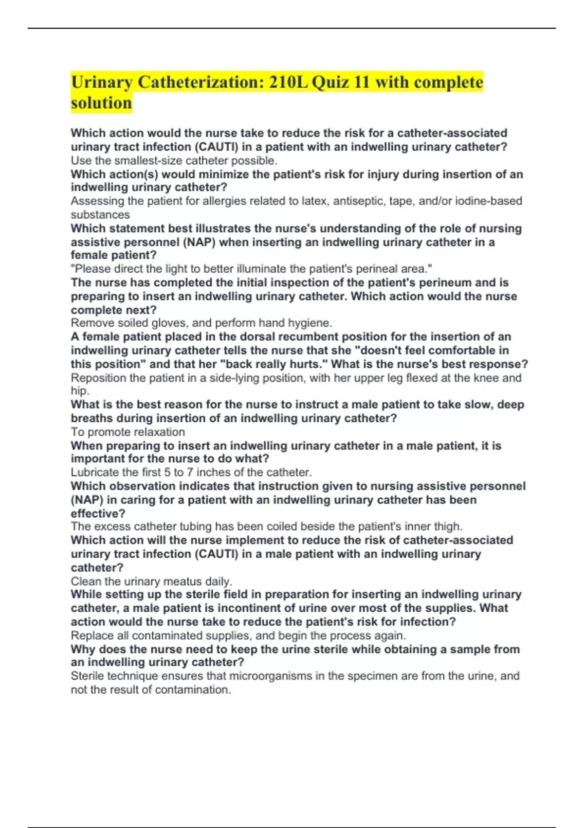 Urinary Catheterization 210L Quiz 11 with complete solution Urinary