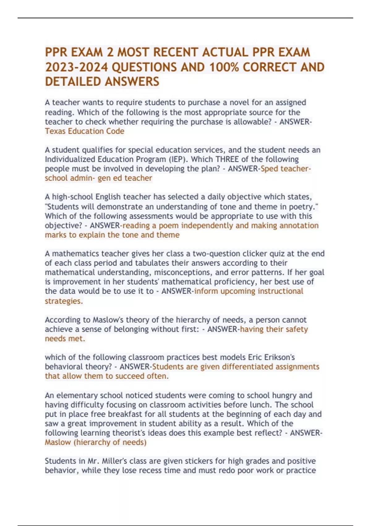 PPR EXAM 2 MOST RECENT ACTUAL PPR EXAM QUESTIONS AND 100 CORRECT AND