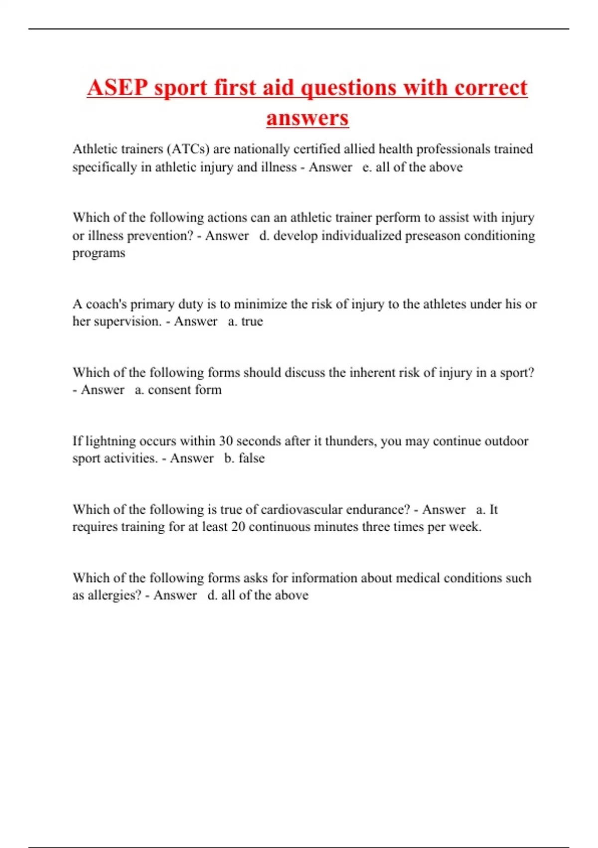 ASEP sport first aid questions with correct answers ASEP Stuvia US