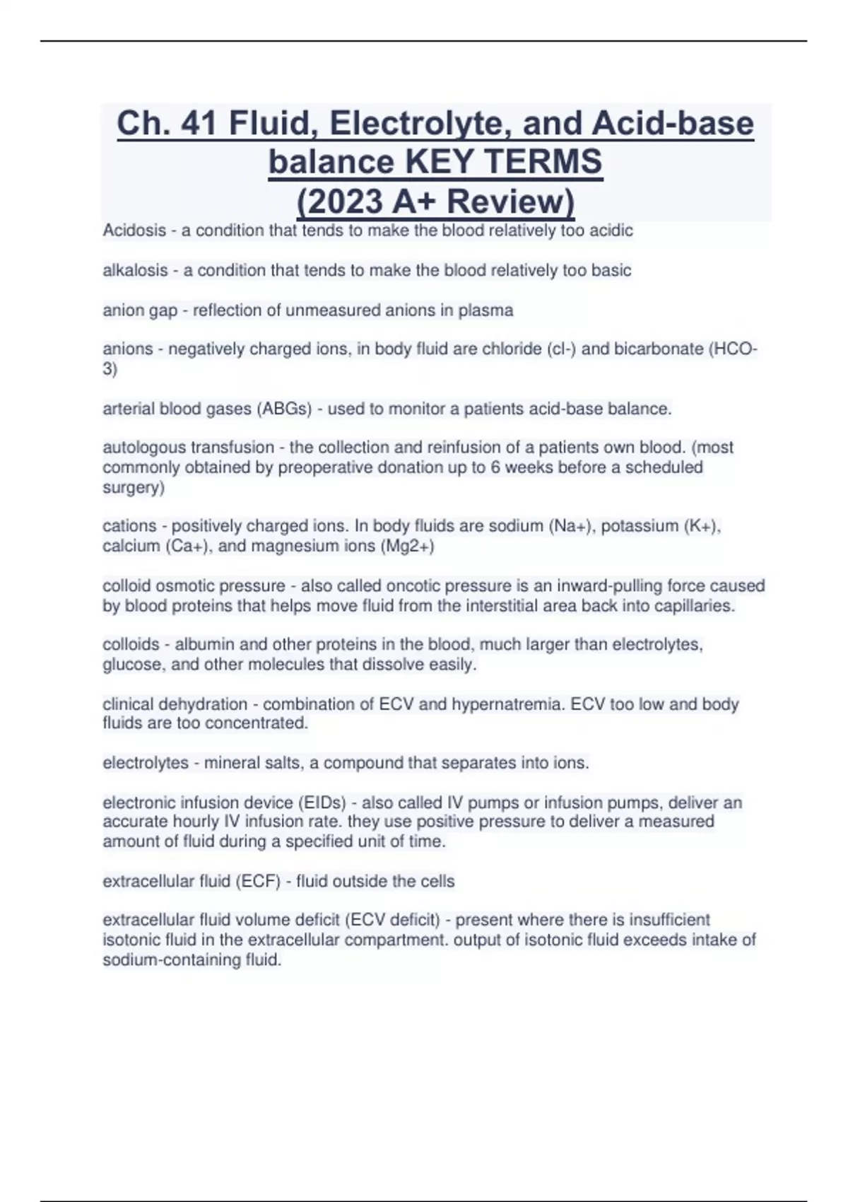 Chapter 41 Fluid, Electrolyte, and Acid Base Balance Correct Review