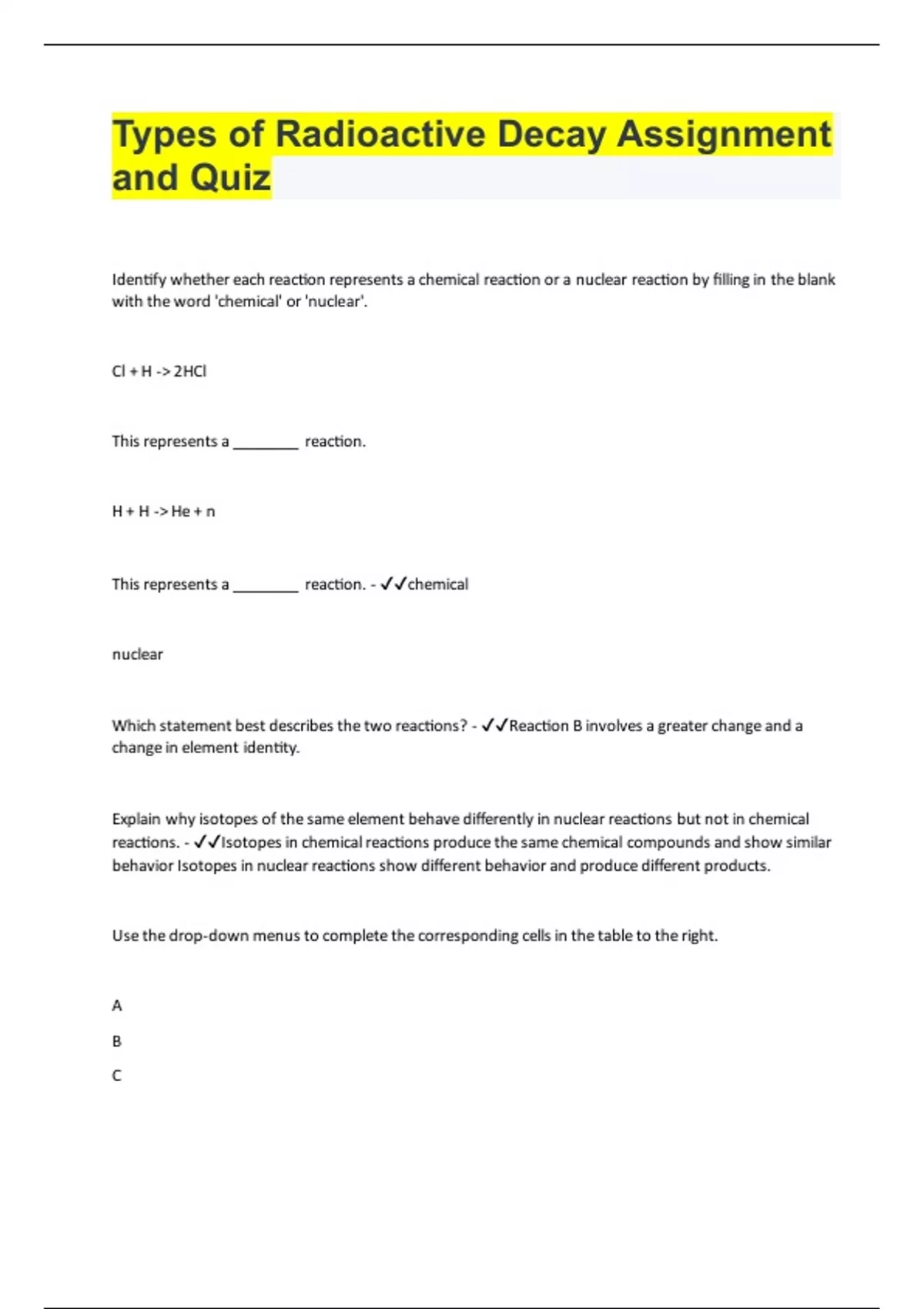 Types of Radioactive Decay Assignment and Quiz Questions with 100 