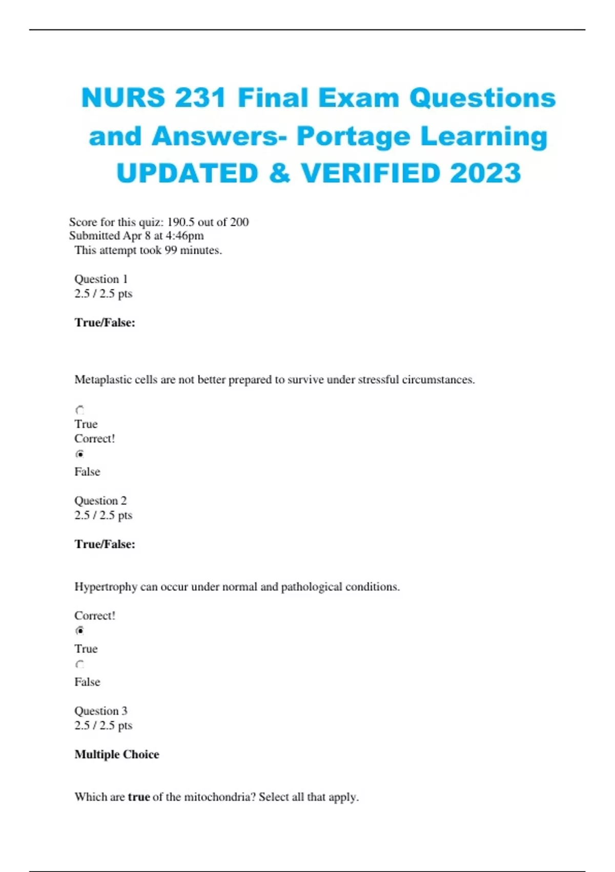 NURS 231 Final Exam Questions and Answers Portage Learning UPDATED