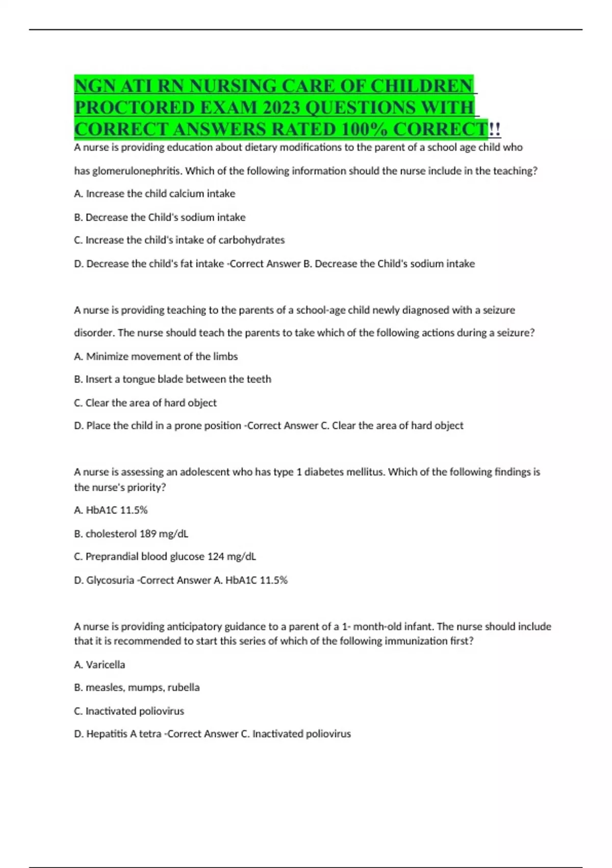 NGN ATI RN NURSING CARE OF CHILDREN PROCTORED EXAM 2023 QUESTIONS WITH ...