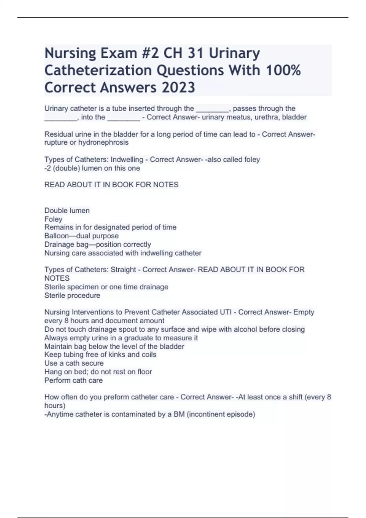 Nursing Exam 2 CH 31 Urinary Catheterization Questions With 100