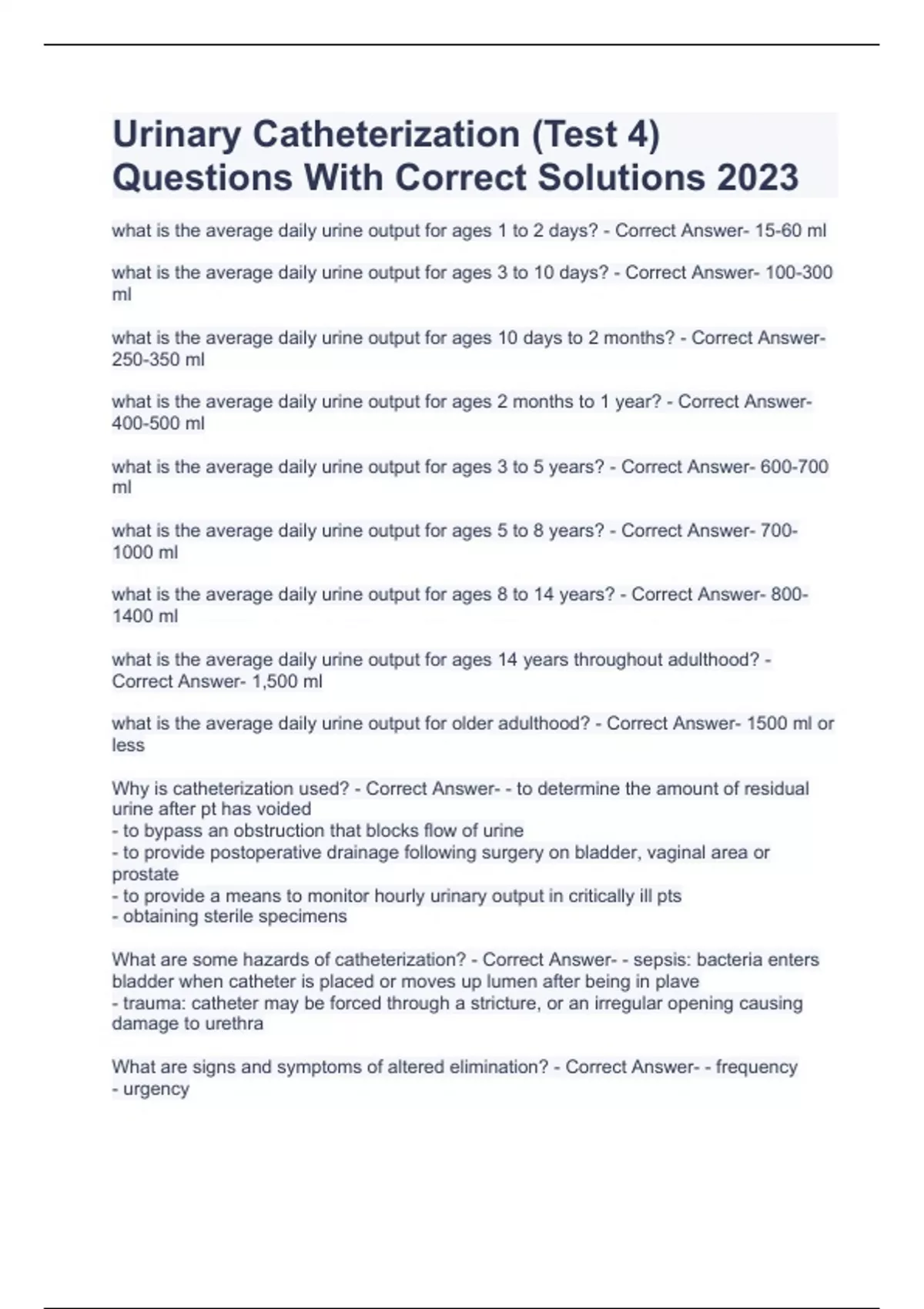 Urinary Catheterization (Test 4) Questions With Correct Solutions 2023
