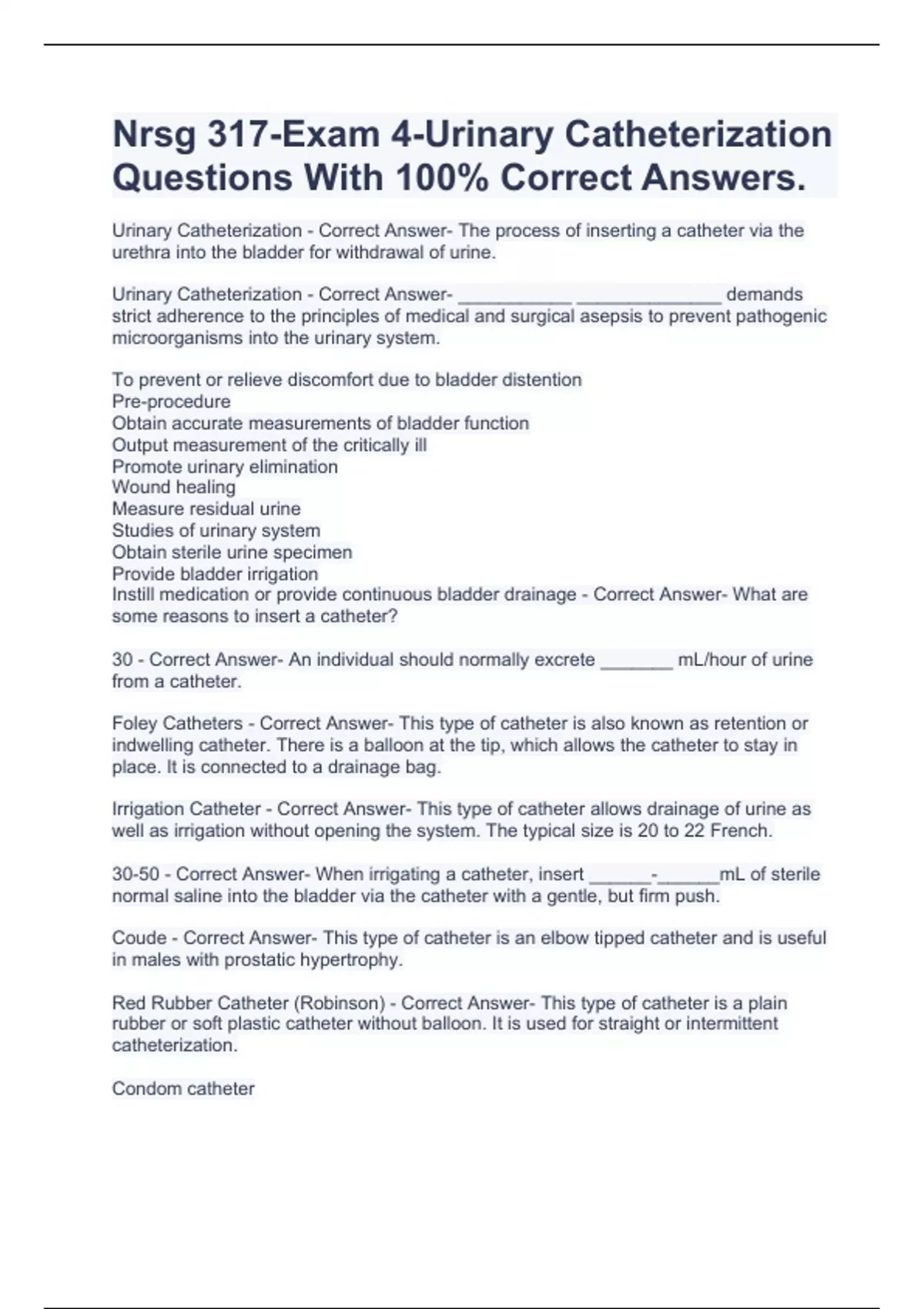 Urinary Catheterization (Test 4) Questions With Correct Solutions 2023