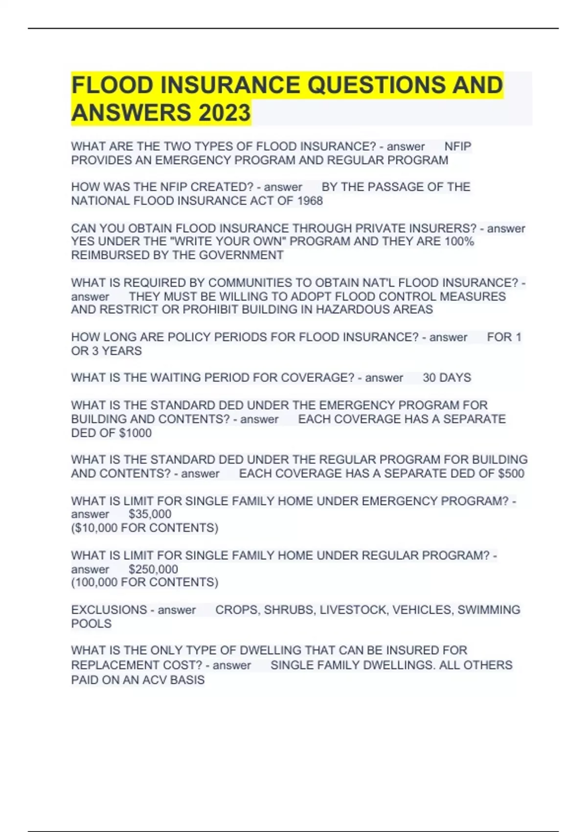 FLOOD INSURANCE QUESTIONS AND ANSWERS 2023 - WebCE - Stuvia US