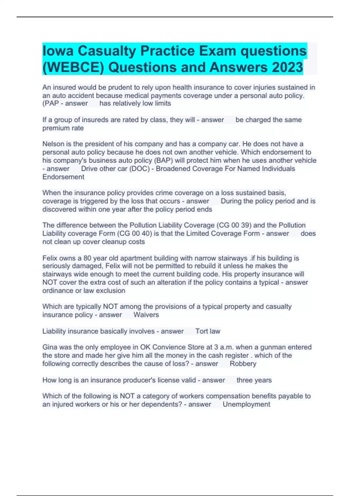 Iowa Casualty Practice Exam questions (WEBCE) Questions and Answers