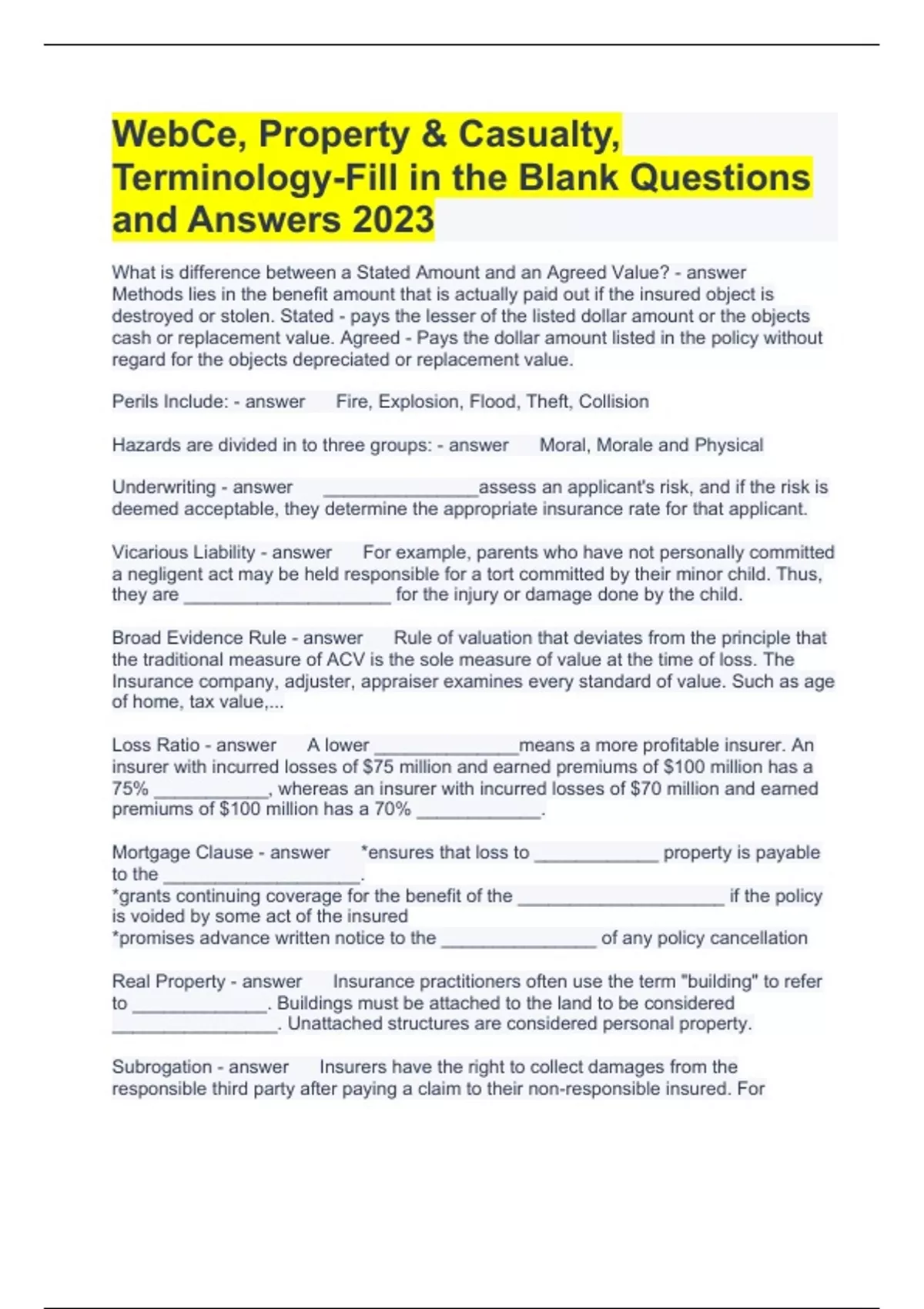 Ce, Property & Casualty, TerminologyFill in the Blank Questions and
