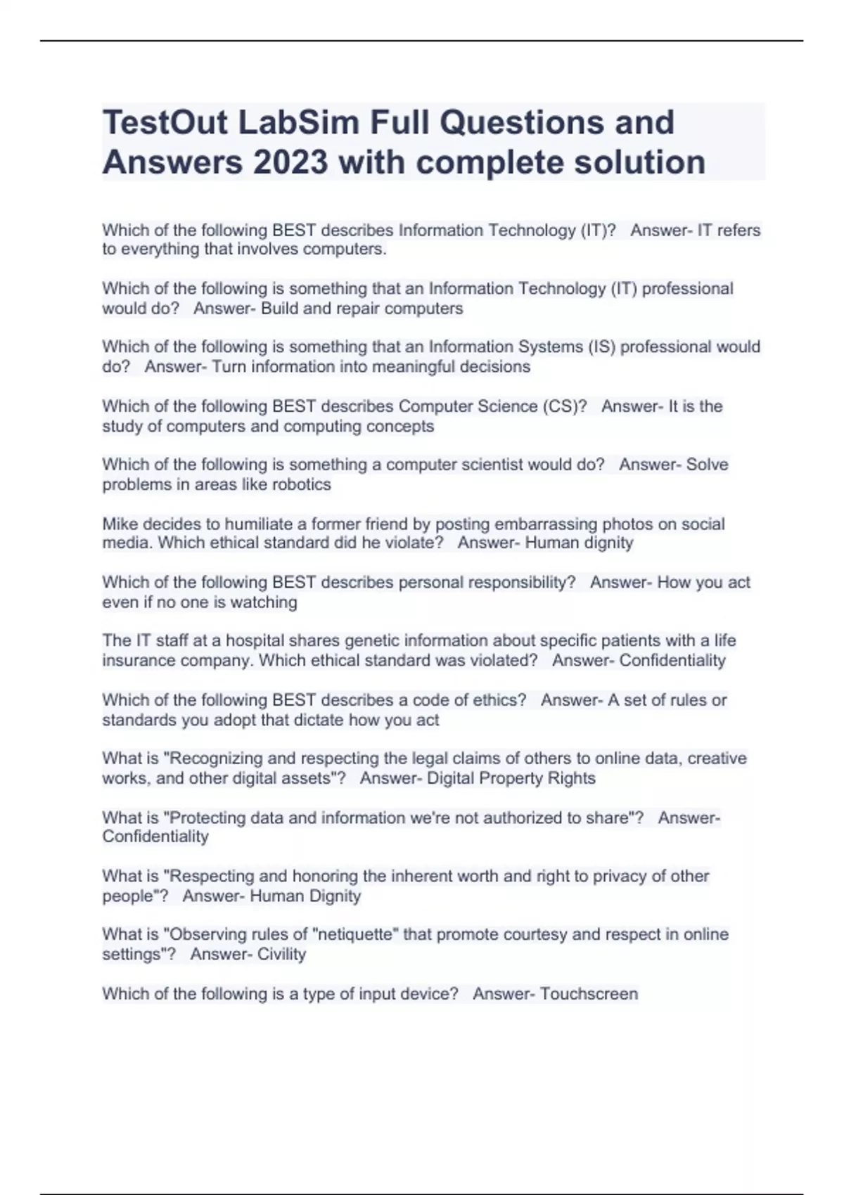 TestOut LabSim Full Questions and Answers 2023 with complete solution