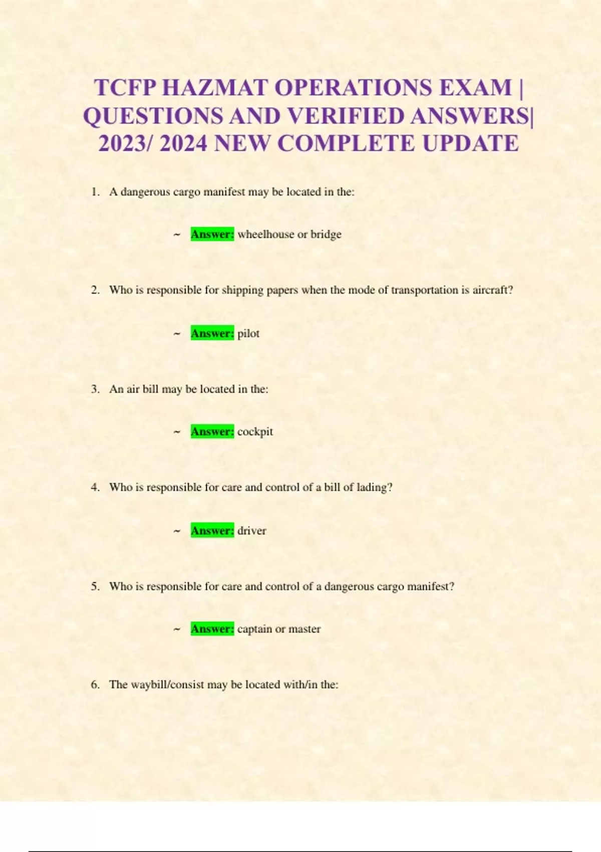 TCFP HAZMAT OPERATIONS/ AWARENESS EXAM QUESTIONS AND VERIFIED ANSWERS 2023/ 2024 NEW COMPLETE