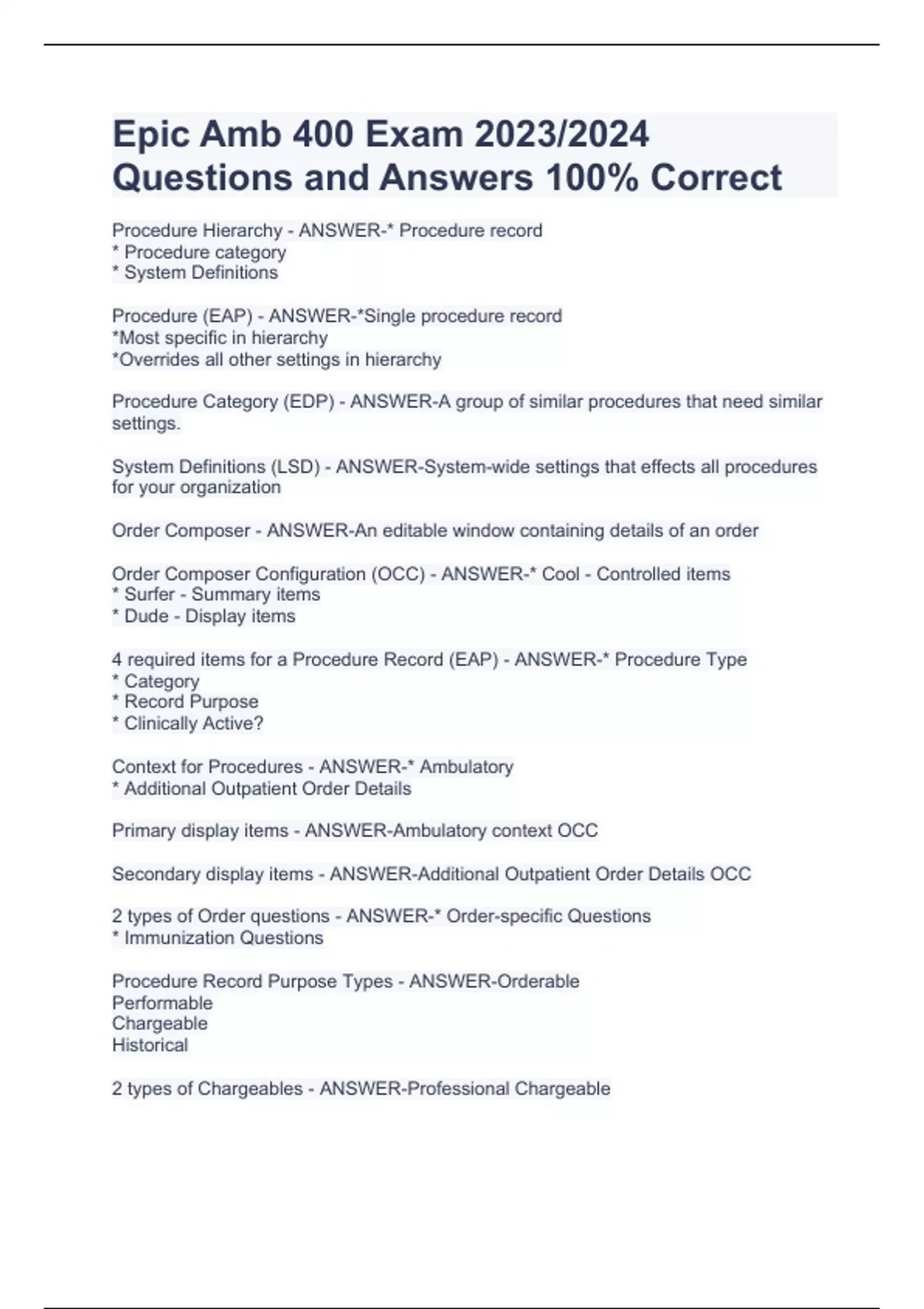 Epic Amb 400 Exam 2023/2024 Questions and Answers 100 Correct Epic