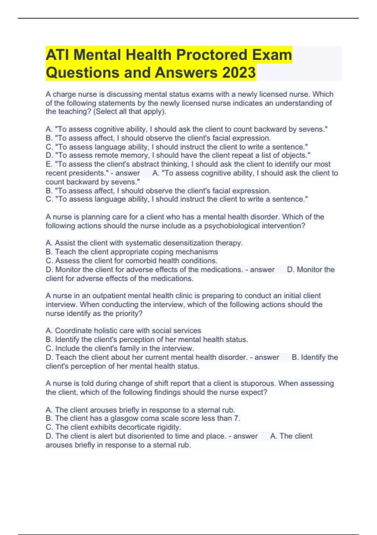ATI MENTAL HEALTH PROCTORED TEST EXAM COMPILATION BUNDLE 2023 - Stuvia US