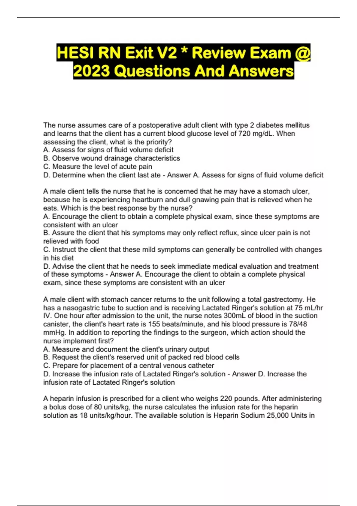 HESI RN Exit V2 * Review Exam @ 2023 Questions And Answers - HESI RN ...