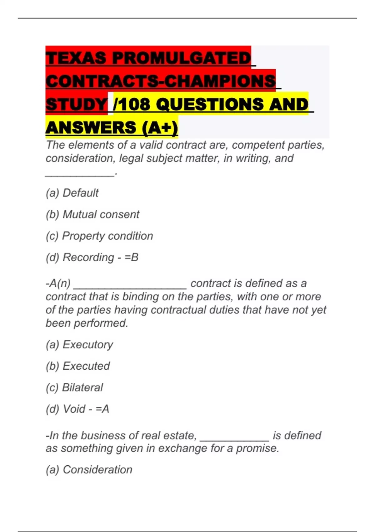 Promugated TEXAS PROMULGATED CONTRACTS-CHAMPIONS STUDY /108 QUESTIONS AND ANSWERS ...